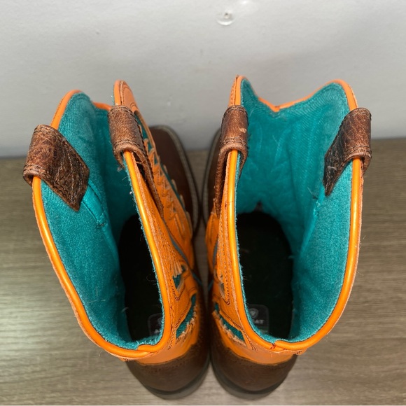 Ariat Quickdraw VentTek Western Wear Boots 4LR Youth 2 Orange Brown Blue Worn - Picture 9 of 15